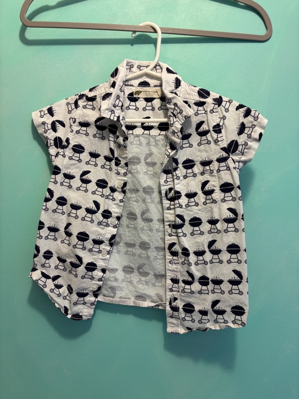 Kids Short Sleeve Button-Up Shirt - White with Black Grill Print